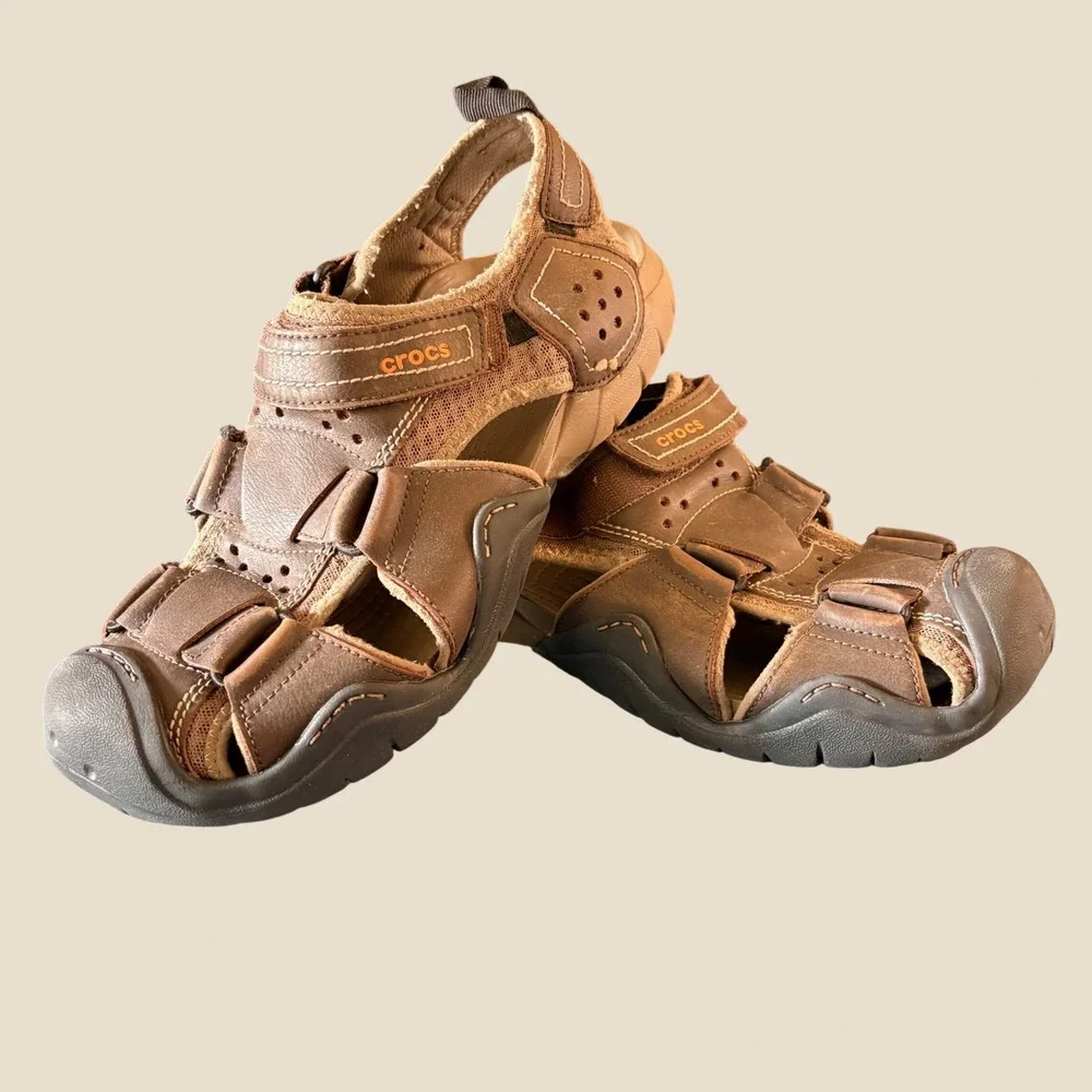 Crocs Swiftwater Leather Fisherman Sandals Mens 11 Brown Hiking Shoes Gorpcore